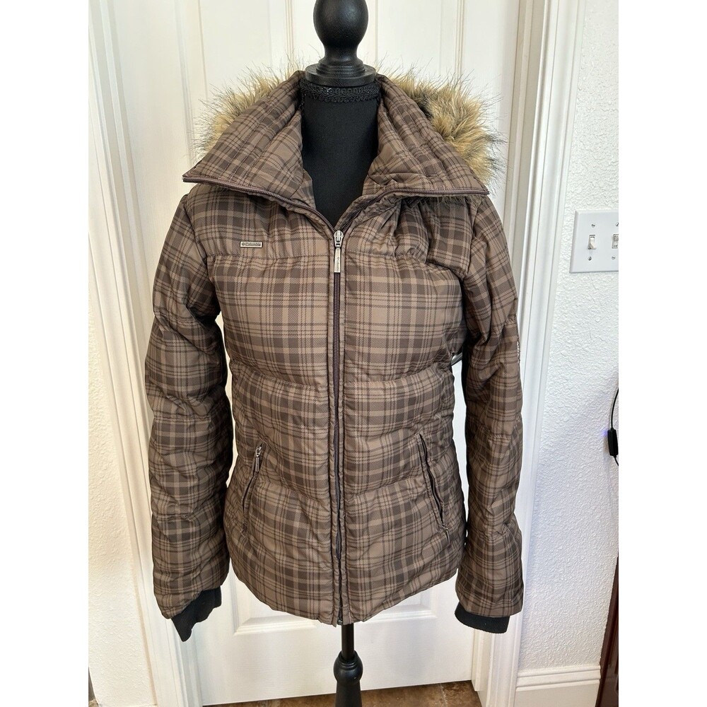 Columbia Womens Small Fur Down Puffer Jacket Ski Coat Winter Hooded Hood Brown